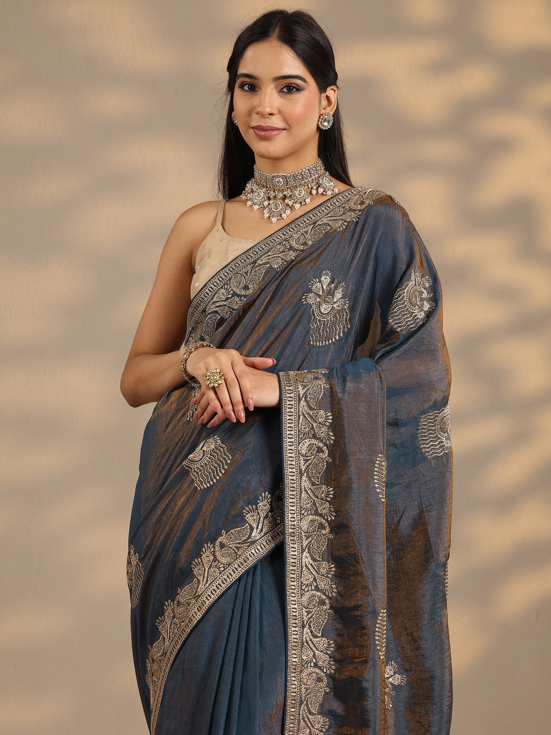  Blue Embroidered Organza Saree With Unstitched Blouse Piece 