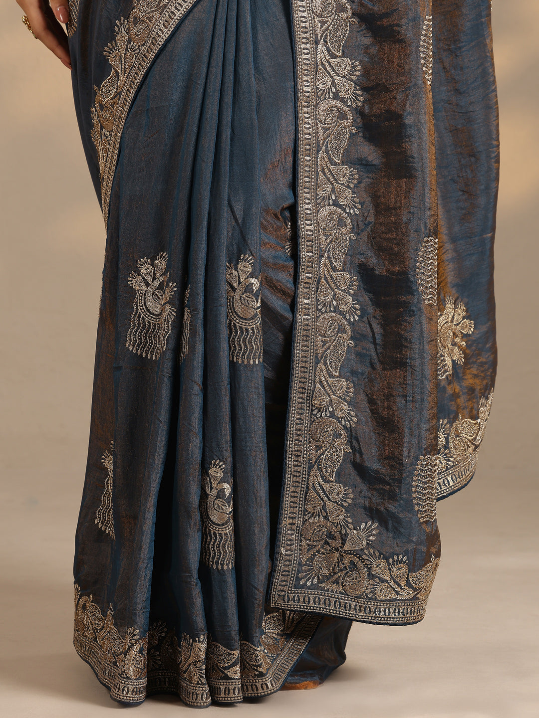  Blue Embroidered Organza Saree With Unstitched Blouse Piece 