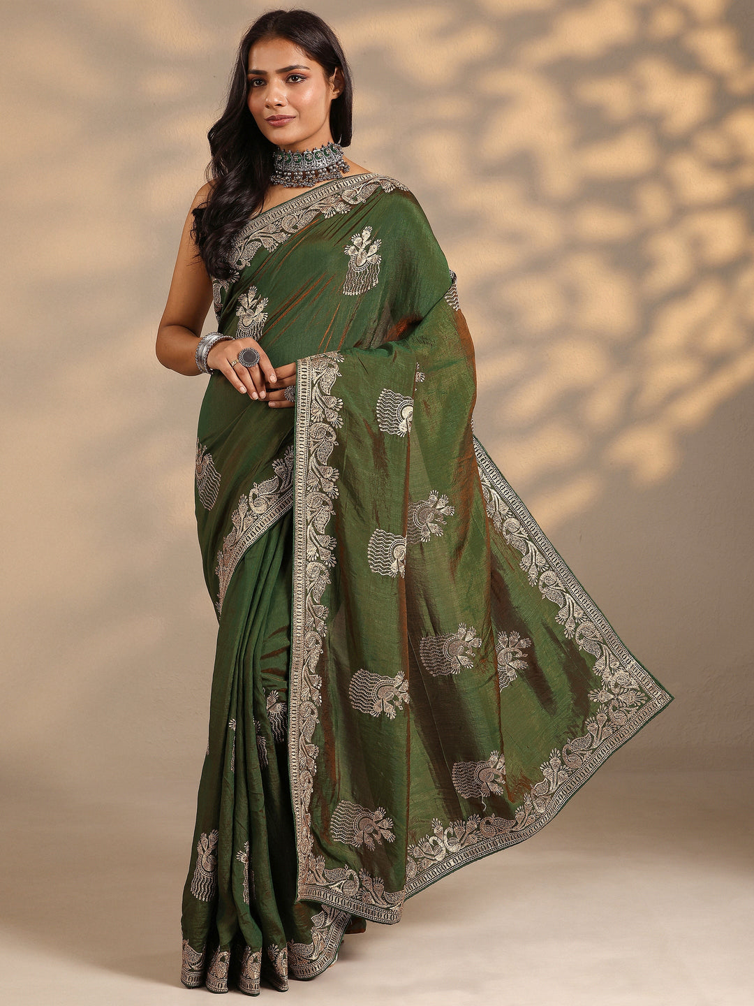  Green Embroidered Organza Saree With Unstitched Blouse Piece 