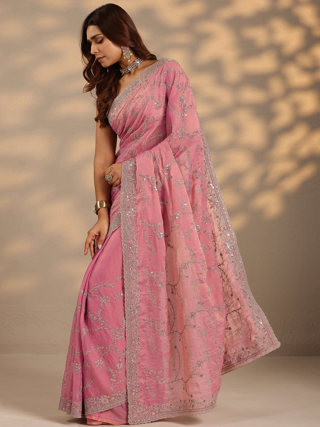  Pink Embroidered Organza Saree With Unstitched Blouse Piece 