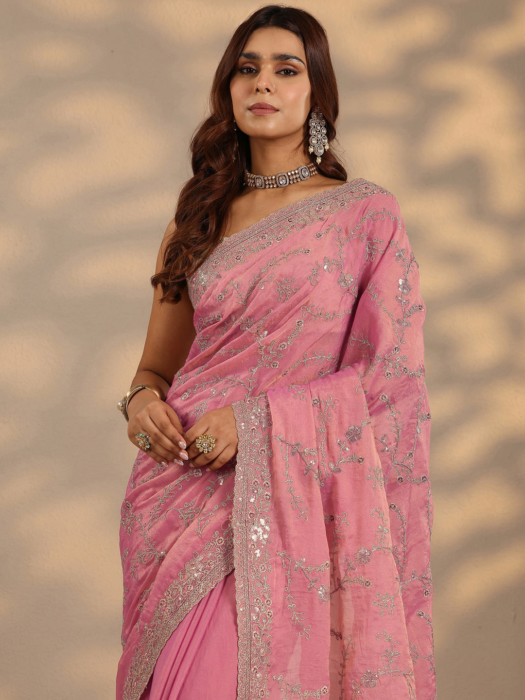  Pink Embroidered Organza Saree With Unstitched Blouse Piece 