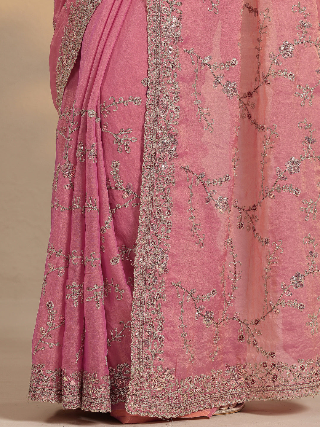  Pink Embroidered Organza Saree With Unstitched Blouse Piece 