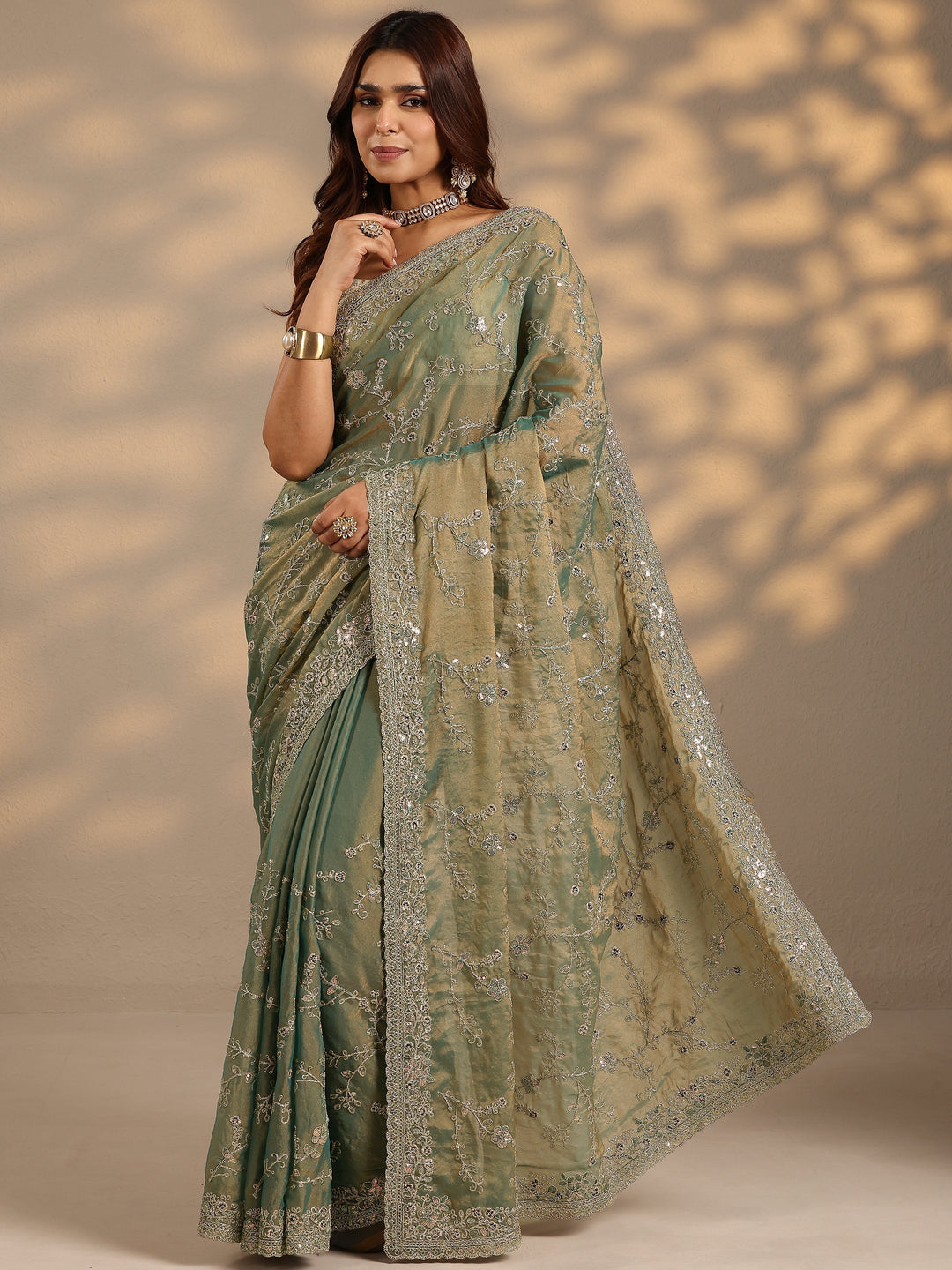  Green Embroidered Organza Saree With Unstitched Blouse Piece 