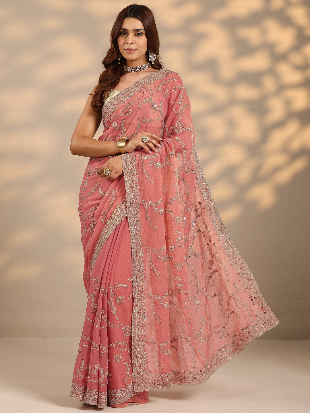  Peach Embroidered Silk Blend Saree With Unstitched Blouse Piece 