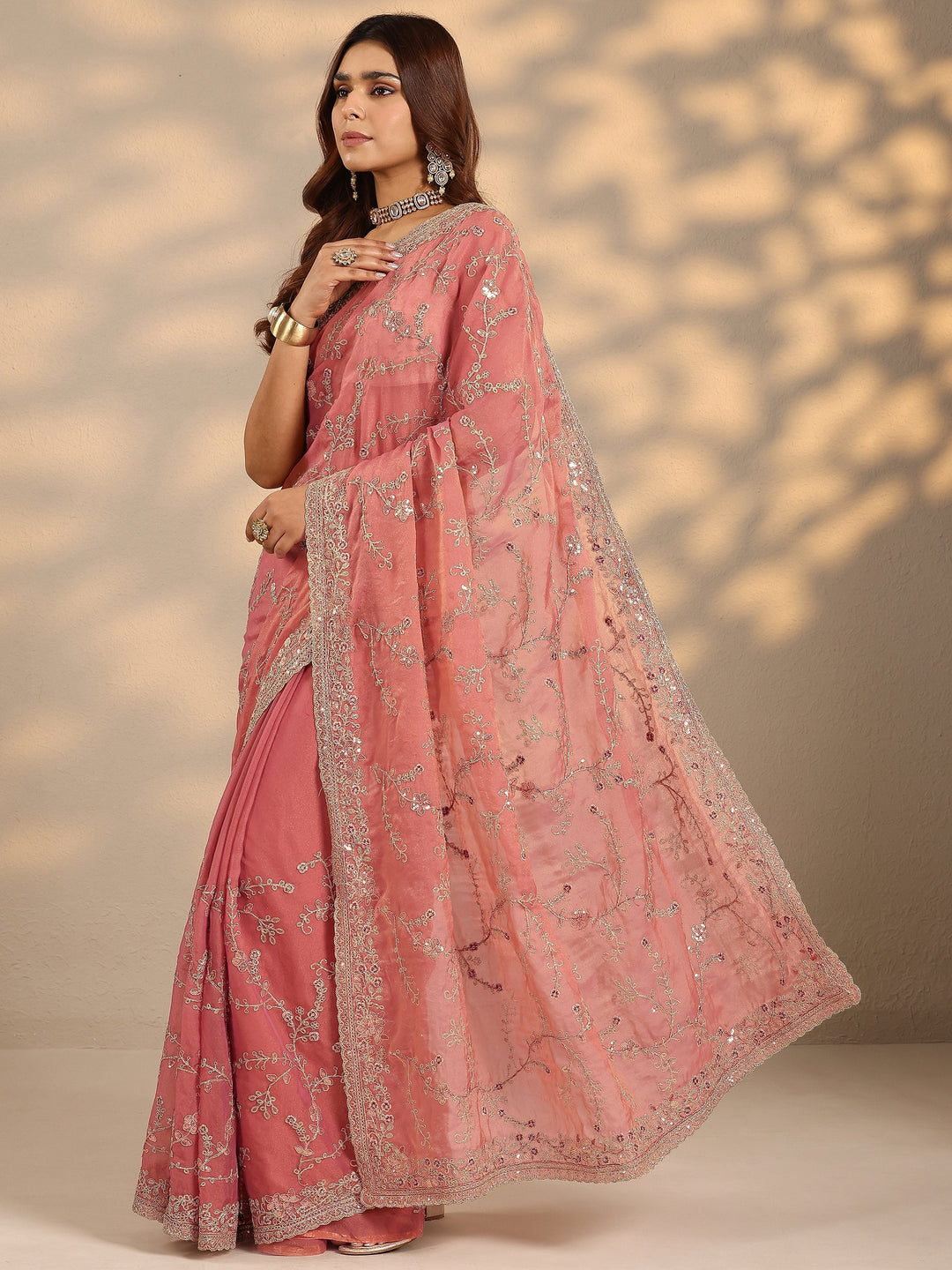  Peach Embroidered Silk Blend Saree With Unstitched Blouse Piece 