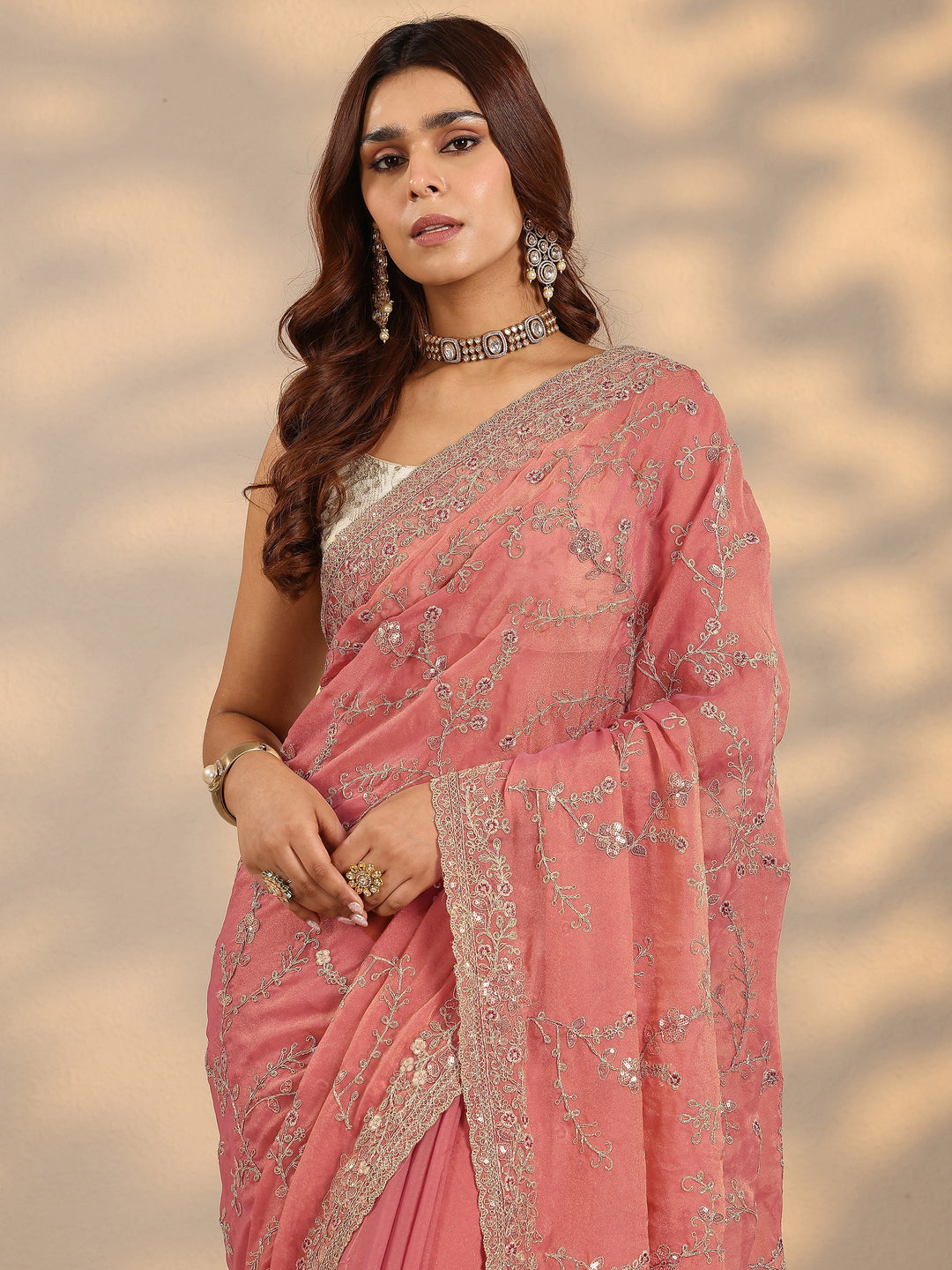  Peach Embroidered Silk Blend Saree With Unstitched Blouse Piece 