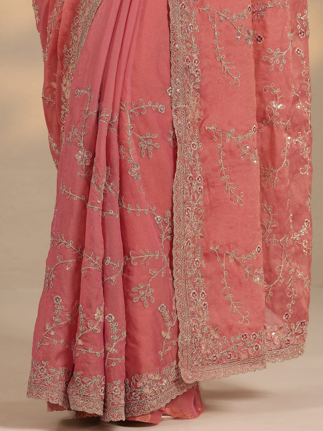  Peach Embroidered Silk Blend Saree With Unstitched Blouse Piece 
