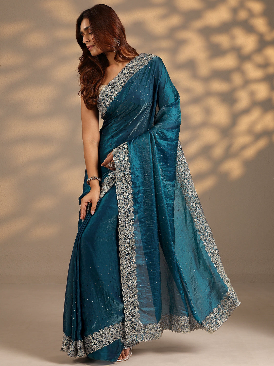  Blue Embellished Silk Blend Saree With Unstitched Blouse Piece 