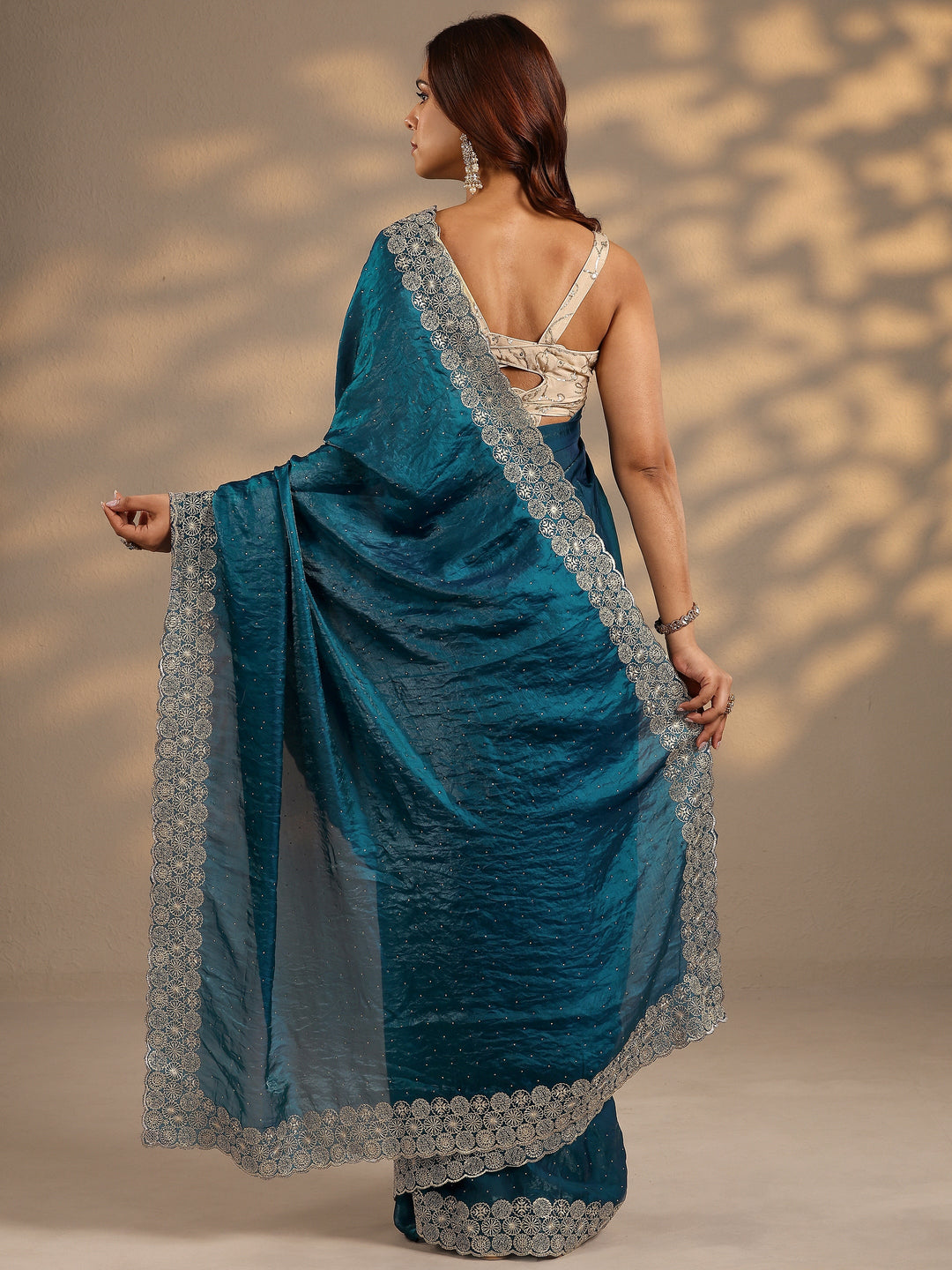  Blue Embellished Silk Blend Saree With Unstitched Blouse Piece 