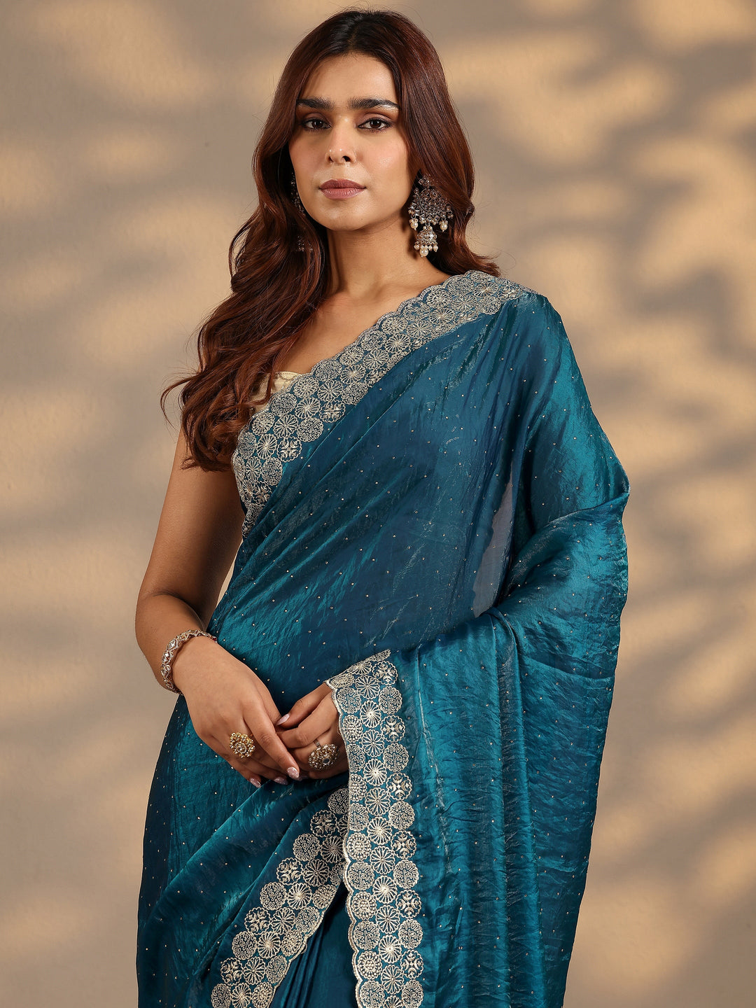  Blue Embellished Silk Blend Saree With Unstitched Blouse Piece 
