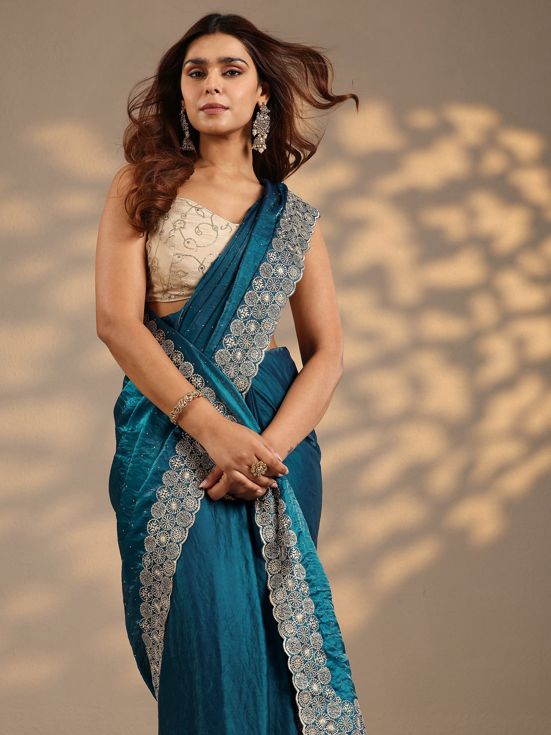 Blue Embellished Silk Blend Saree With Unstitched Blouse Piece 