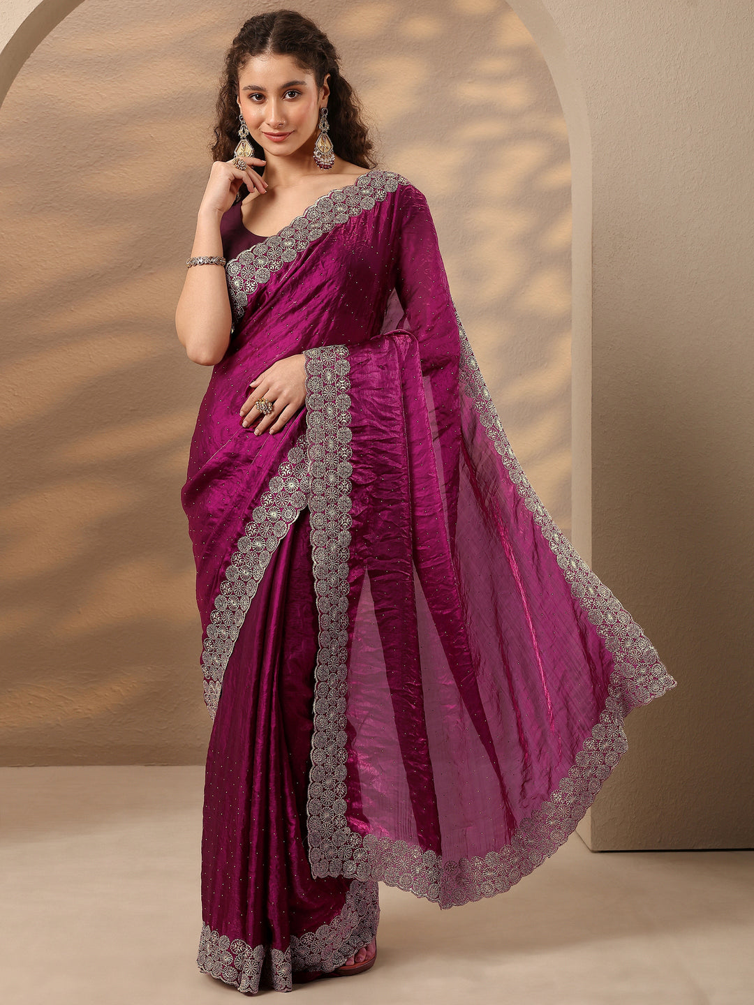  Magenta Embellished Silk Blend Saree With Unstitched Blouse Piece 