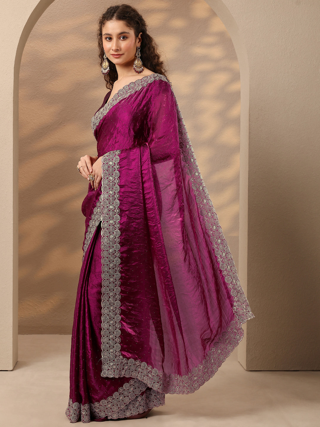  Magenta Embellished Silk Blend Saree With Unstitched Blouse Piece 