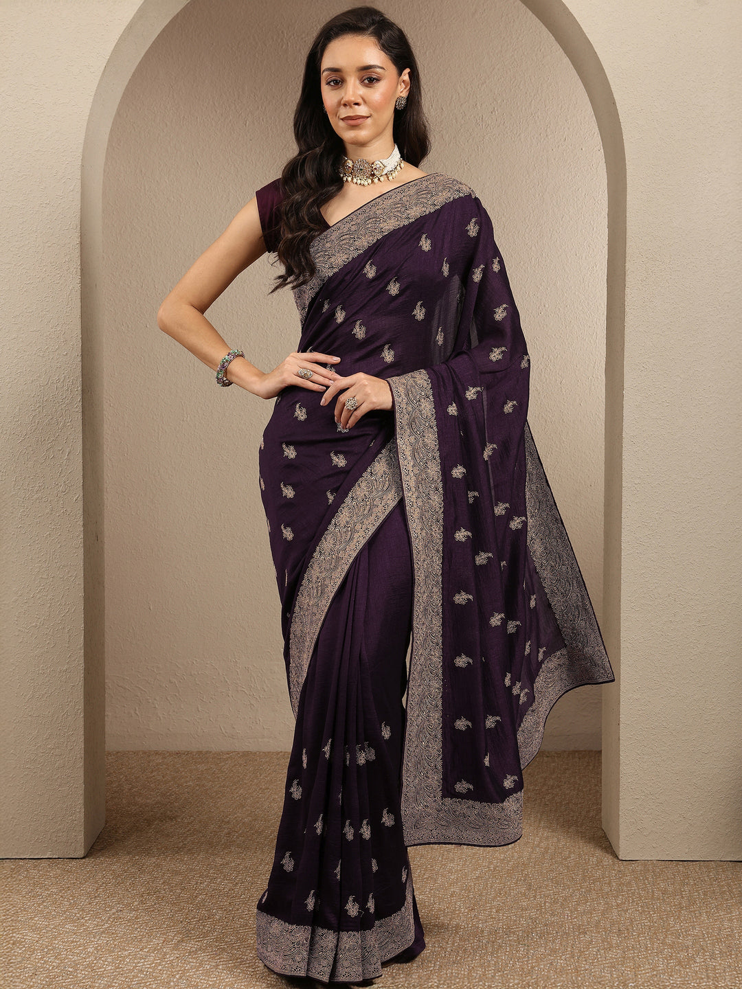  Burgundy Embroidered Silk Blend Saree With Unstitched Blouse Piece 
