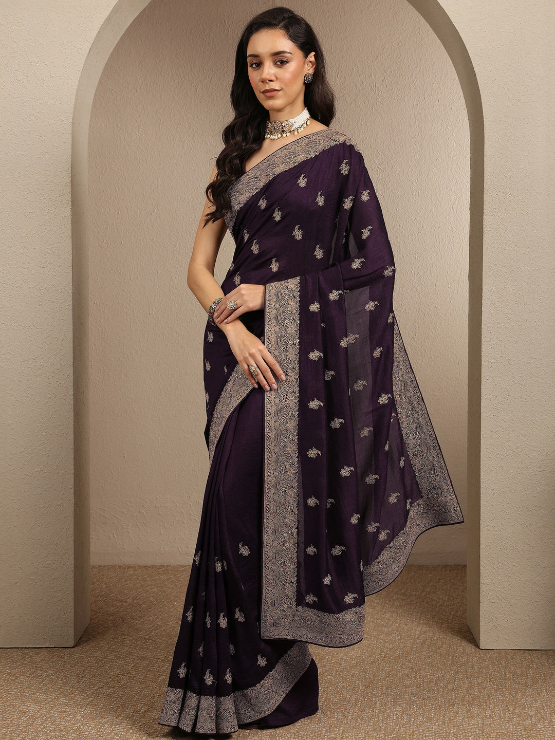  Burgundy Embroidered Silk Blend Saree With Unstitched Blouse Piece 