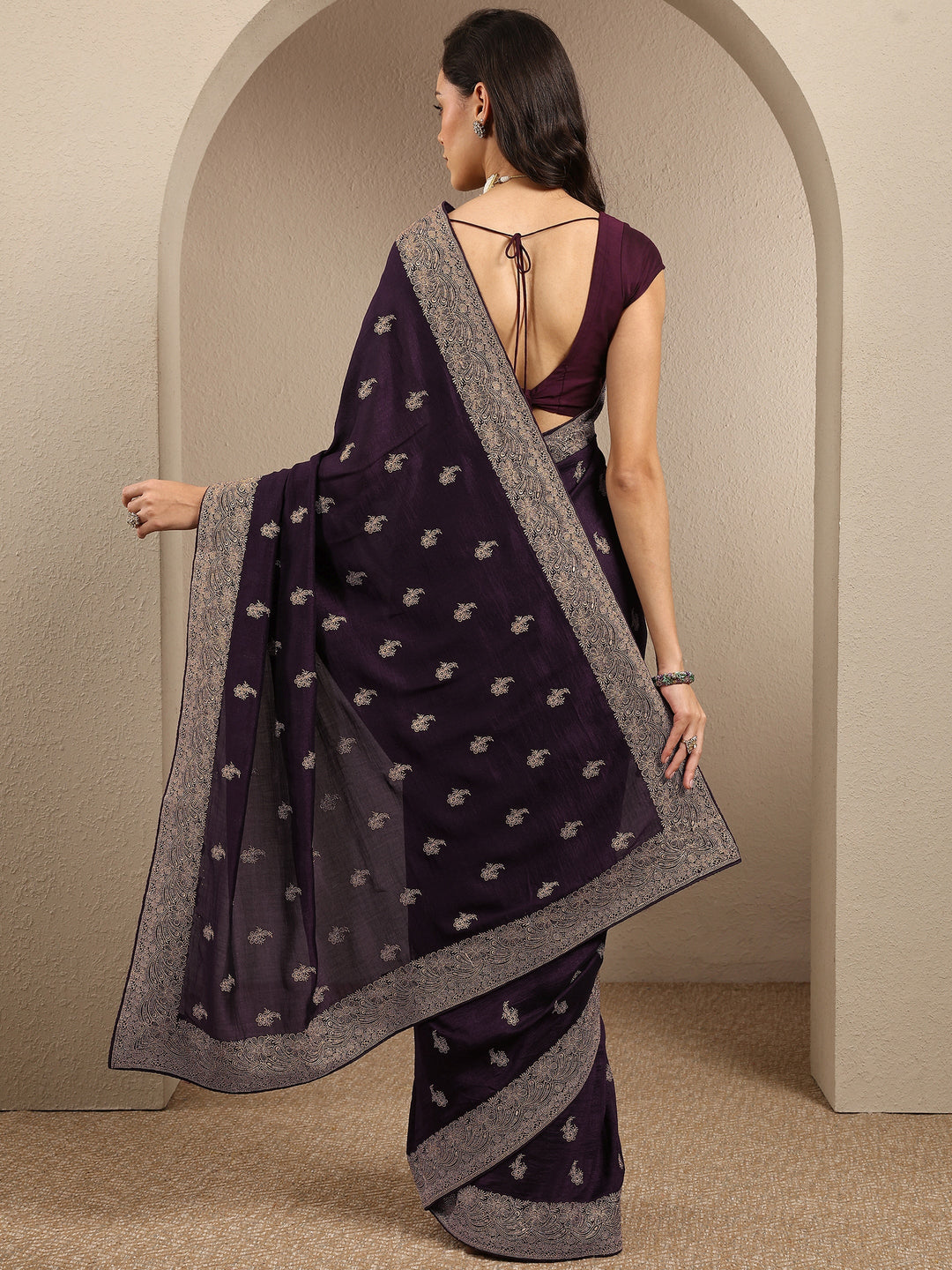  Burgundy Embroidered Silk Blend Saree With Unstitched Blouse Piece 
