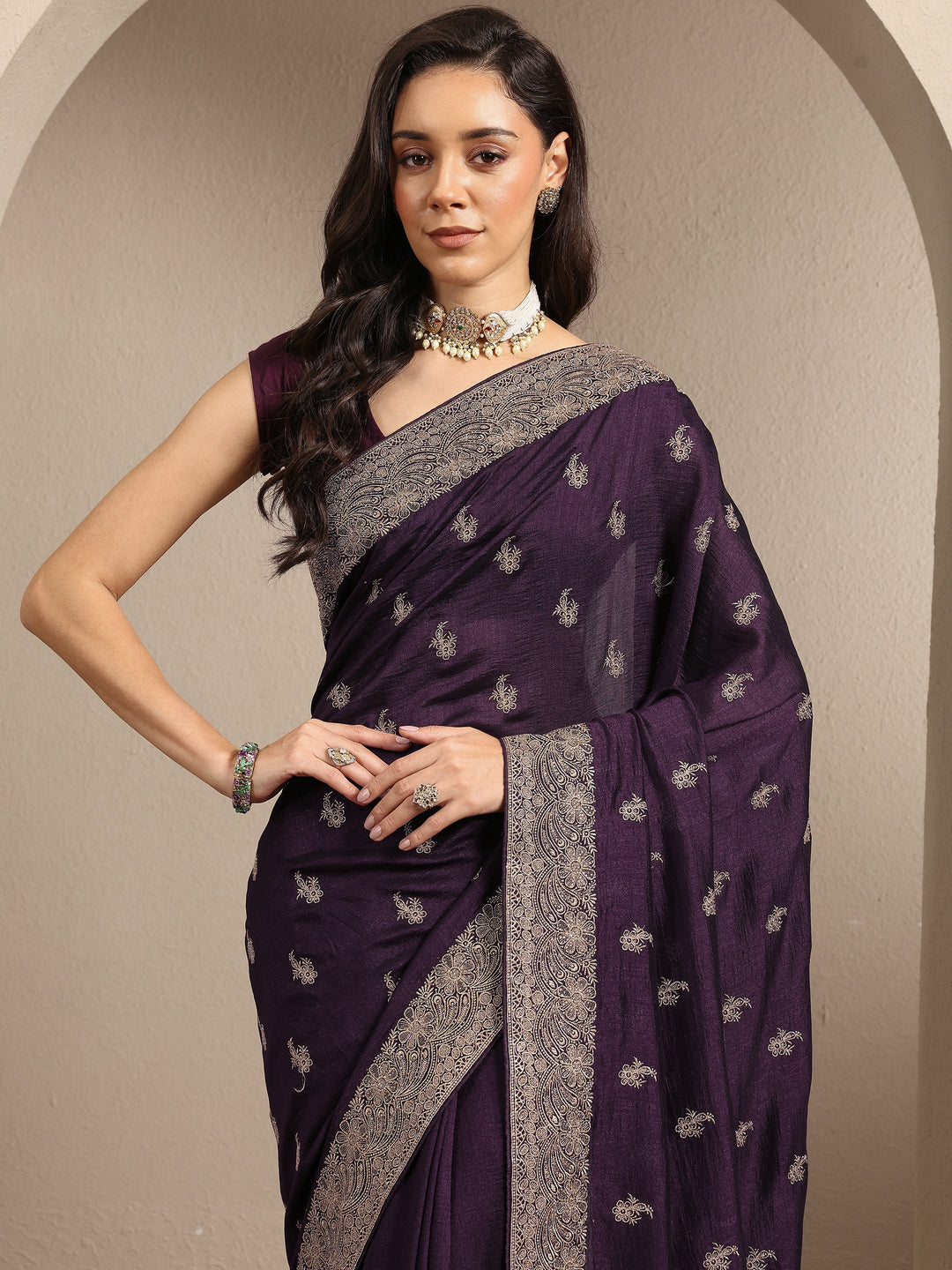  Burgundy Embroidered Silk Blend Saree With Unstitched Blouse Piece 