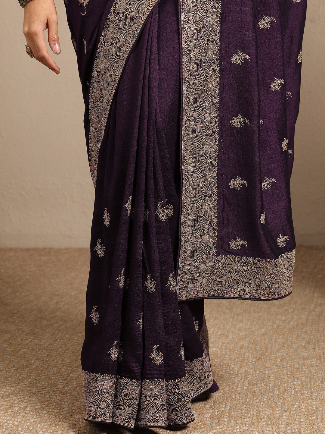  Burgundy Embroidered Silk Blend Saree With Unstitched Blouse Piece 