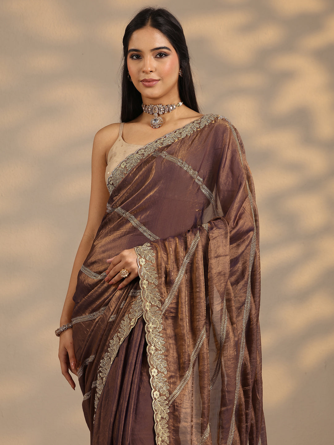 Brown Leheriya Embellished Silk Blend Saree With Unstitched Blouse Piece 