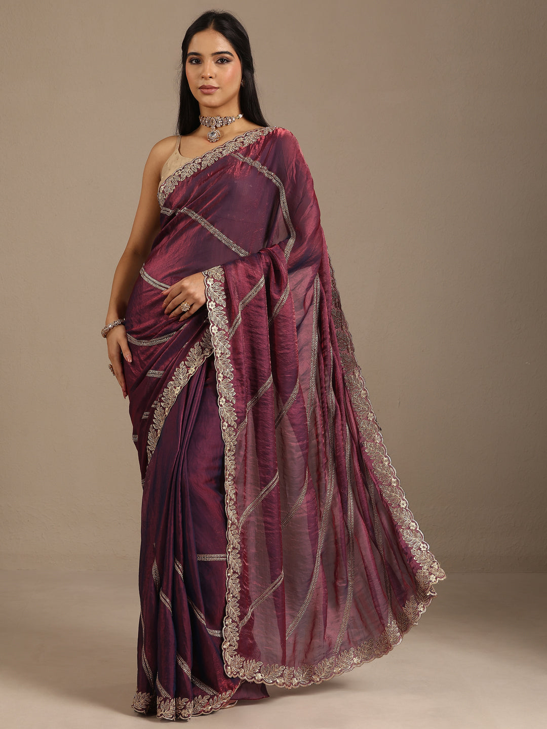  Purple Leheriya Embellished Silk Blend Saree With Unstitched Blouse Piece 