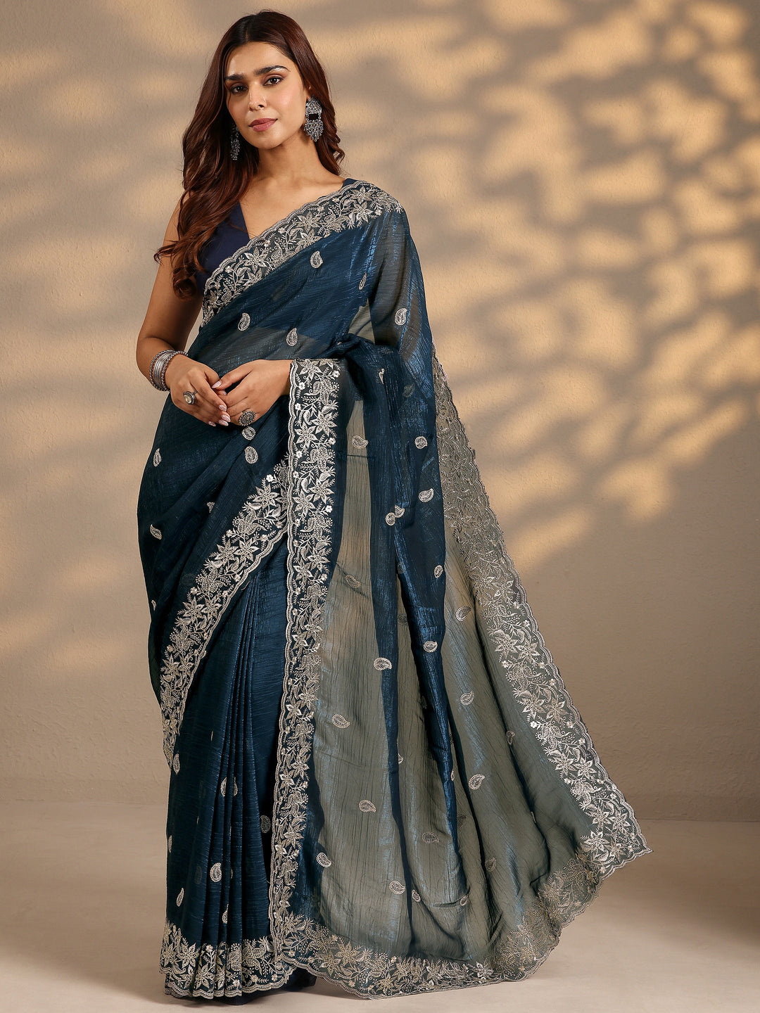 Navy Blue Paisley Embroidered Silk Blend Saree With Unstitched Blouse Piece