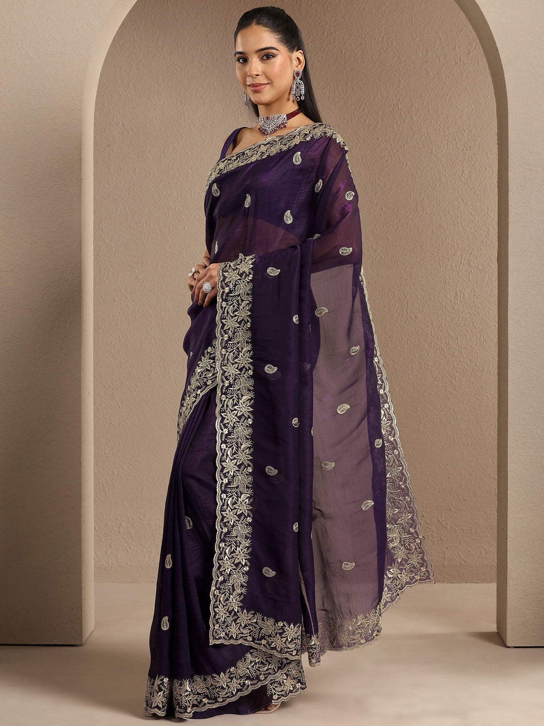  Purple Paisley Embroidered Silk Blend Saree With Unstitched Blouse Piece 