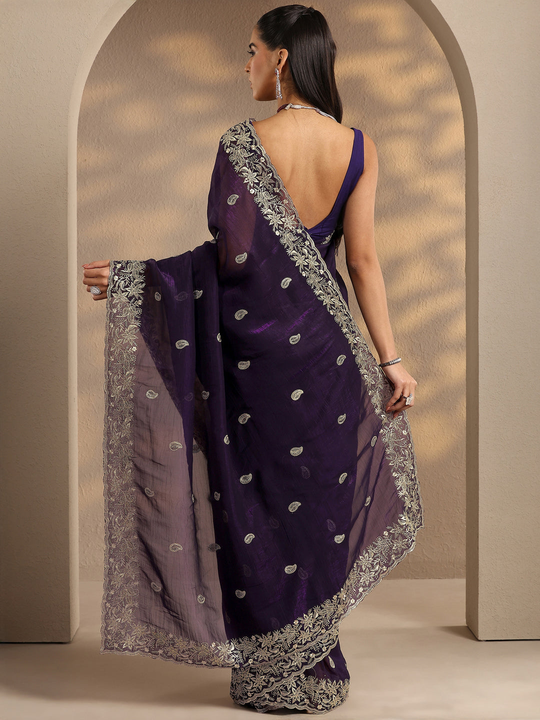 Purple Paisley Embroidered Silk Blend Saree With Unstitched Blouse Piece 