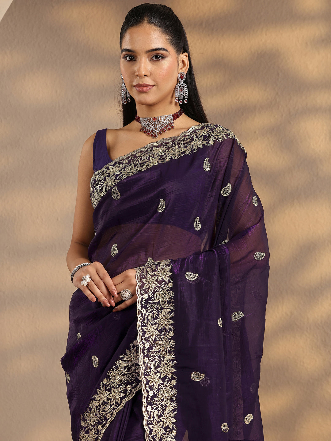  Purple Paisley Embroidered Silk Blend Saree With Unstitched Blouse Piece 