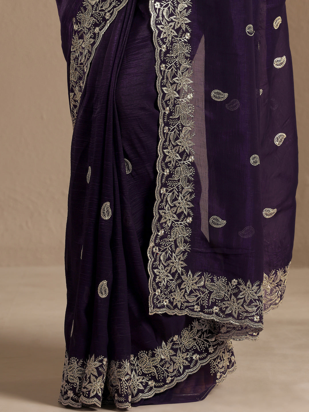  Purple Paisley Embroidered Silk Blend Saree With Unstitched Blouse Piece 