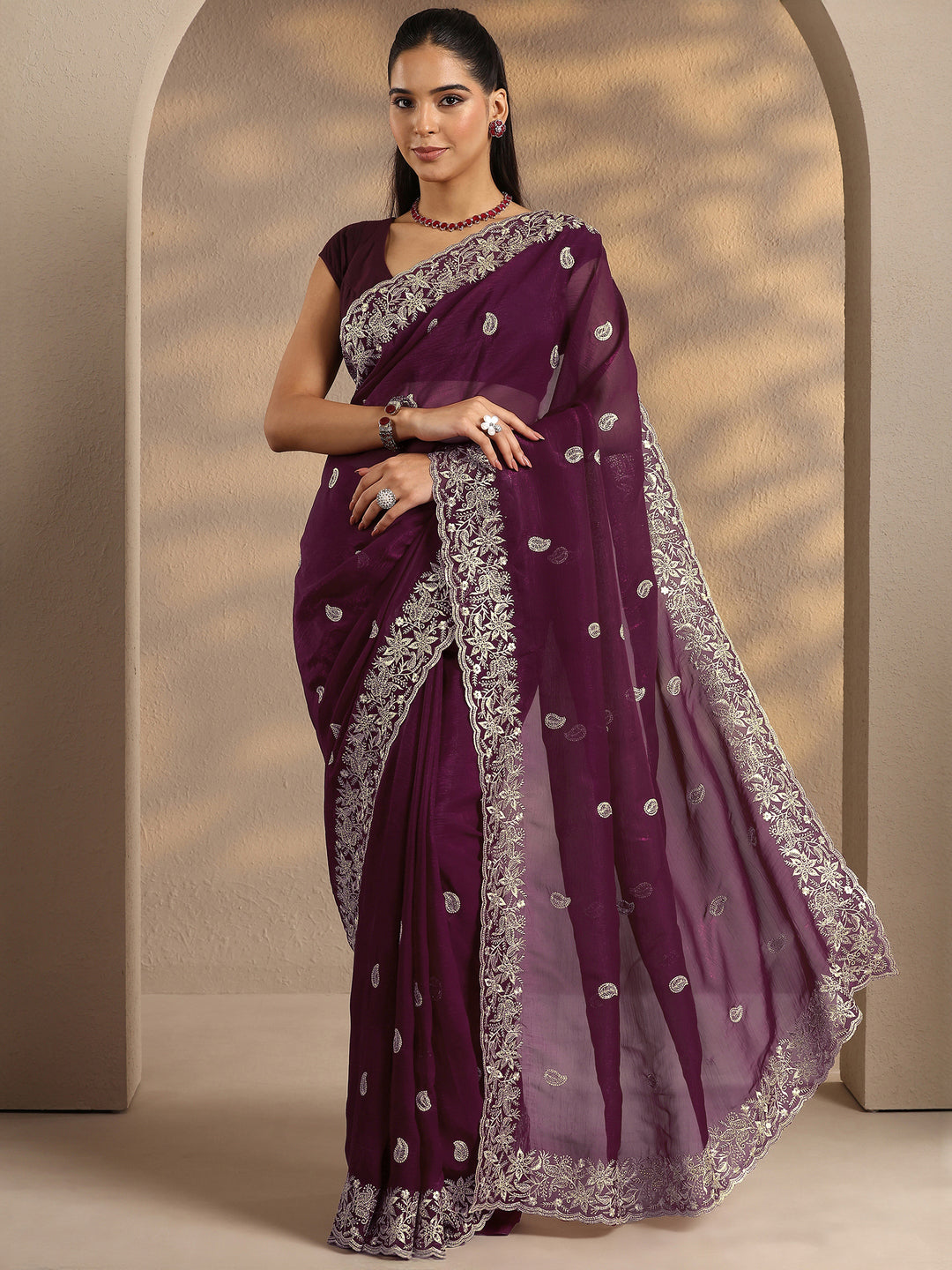  Maroon Paisley Embroidered Silk Blend Saree With Unstitched Blouse Piece 
