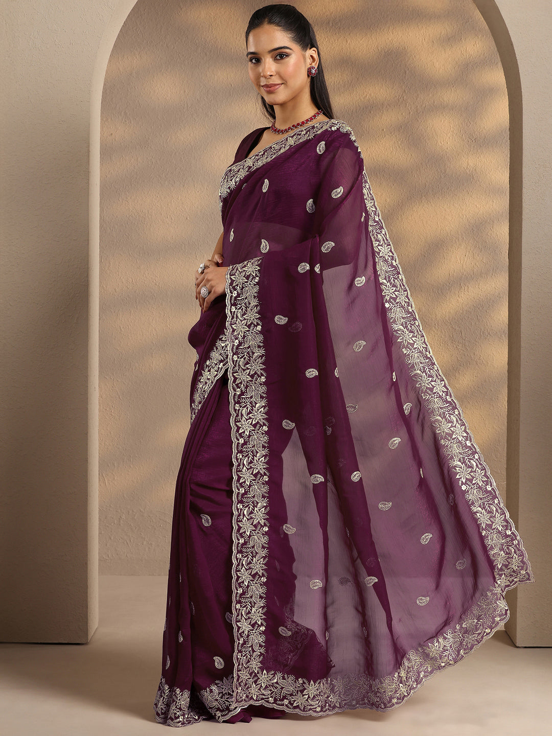  Maroon Paisley Embroidered Silk Blend Saree With Unstitched Blouse Piece 