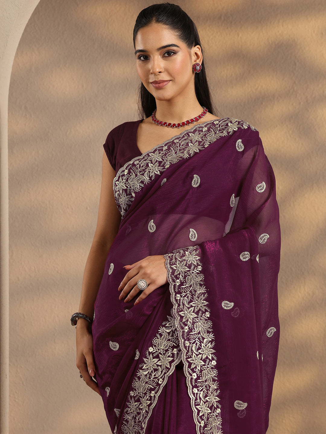  Maroon Paisley Embroidered Silk Blend Saree With Unstitched Blouse Piece 