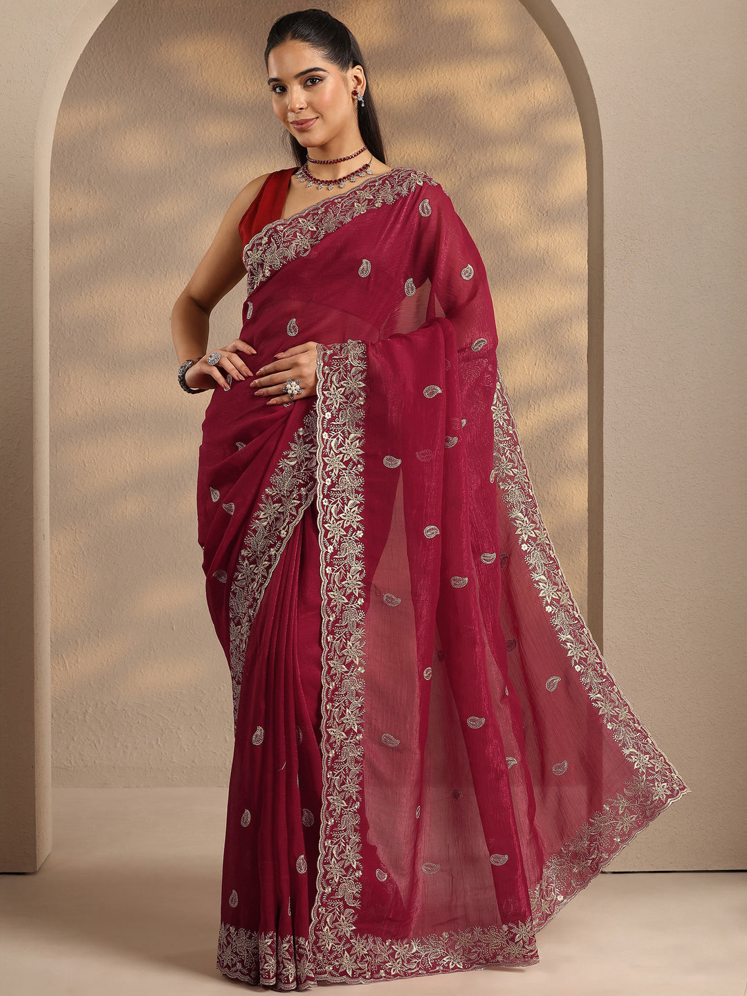  Red Paisley Embroidered Silk Blend Saree With Unstitched Blouse Piece 