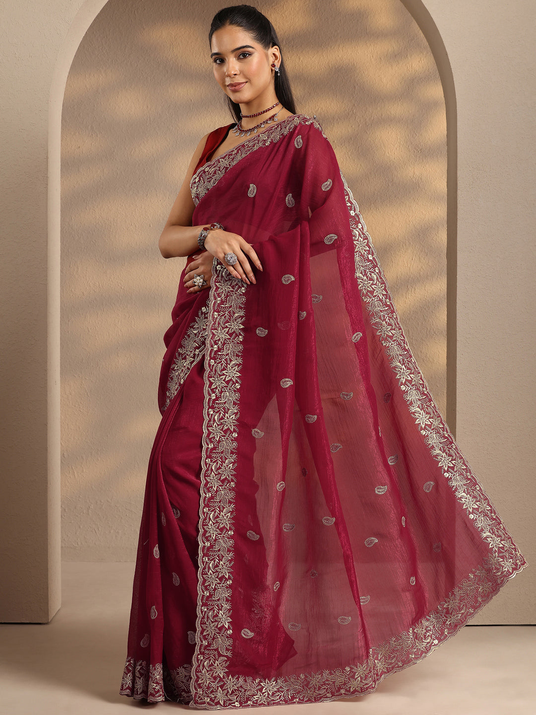  Red Paisley Embroidered Silk Blend Saree With Unstitched Blouse Piece 