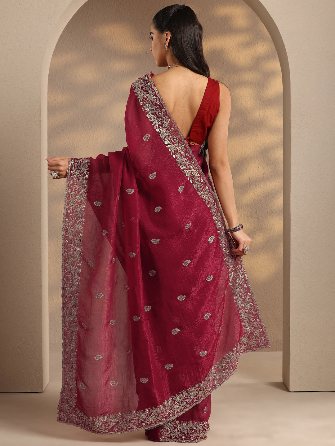  Red Paisley Embroidered Silk Blend Saree With Unstitched Blouse Piece 