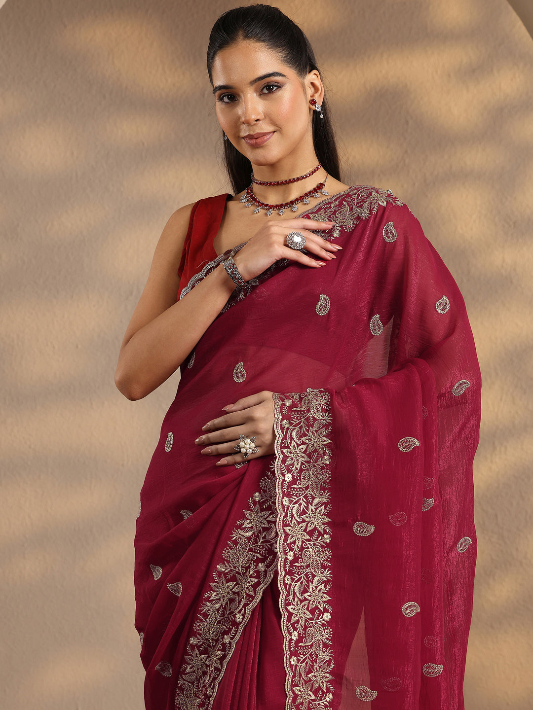  Red Paisley Embroidered Silk Blend Saree With Unstitched Blouse Piece 