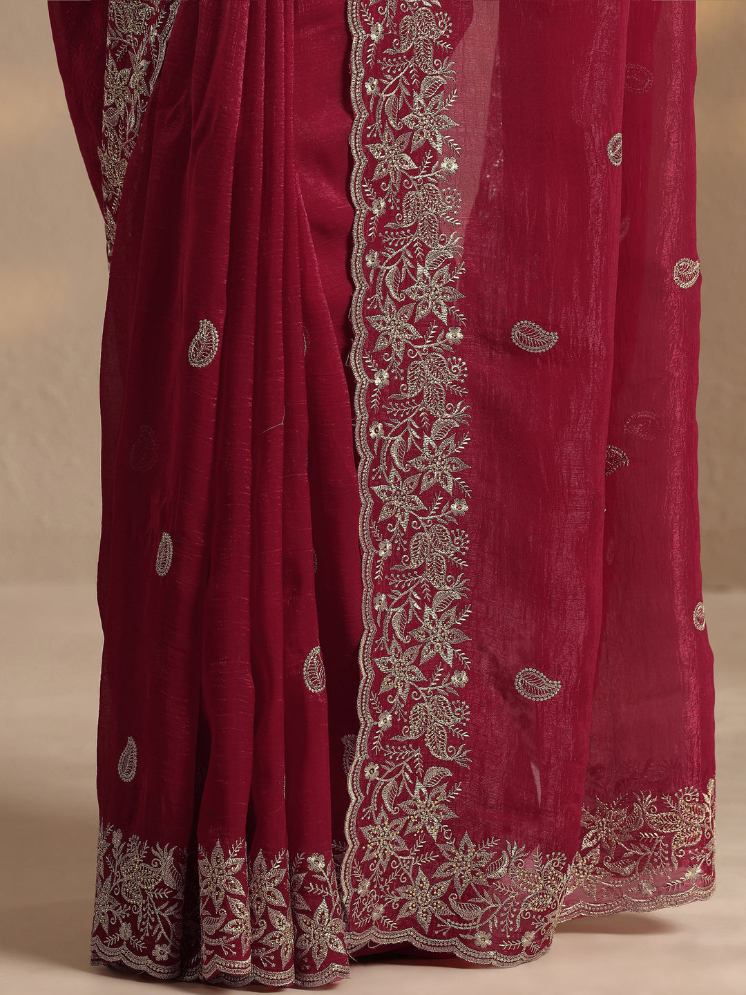  Red Paisley Embroidered Silk Blend Saree With Unstitched Blouse Piece 
