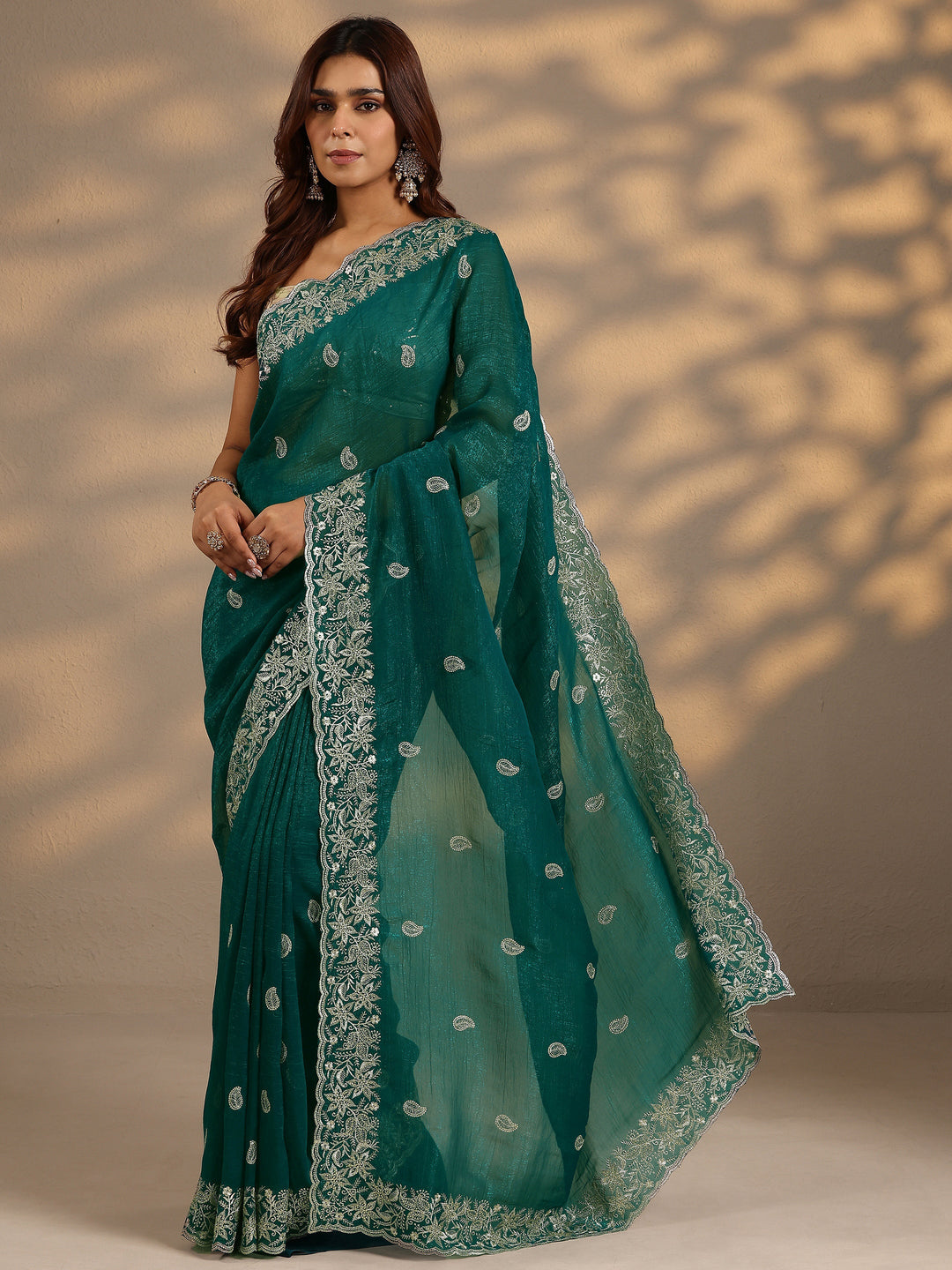  Green Paisley Embroidered Silk Blend Saree With Unstitched Blouse Piece 