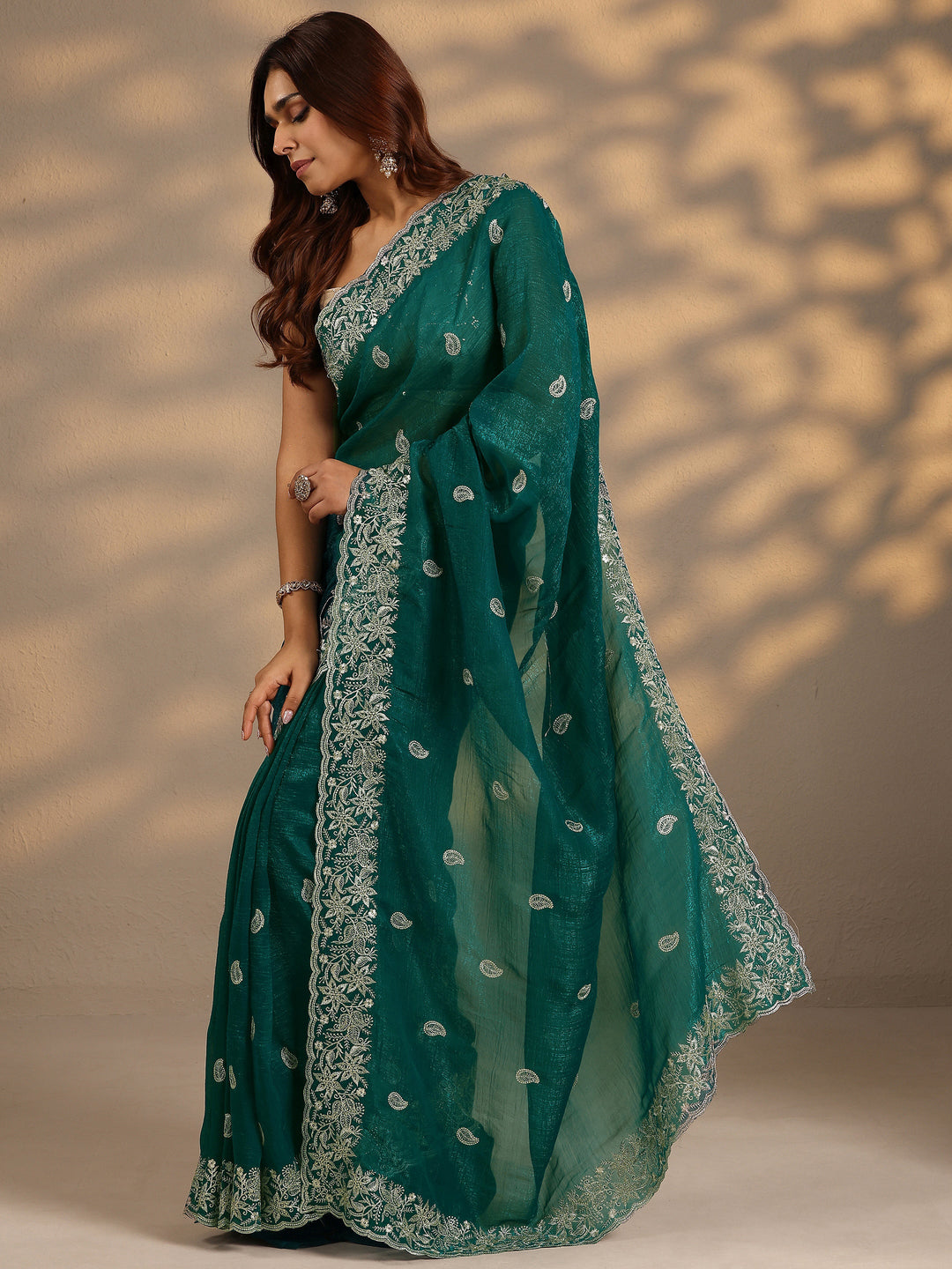  Green Paisley Embroidered Silk Blend Saree With Unstitched Blouse Piece 