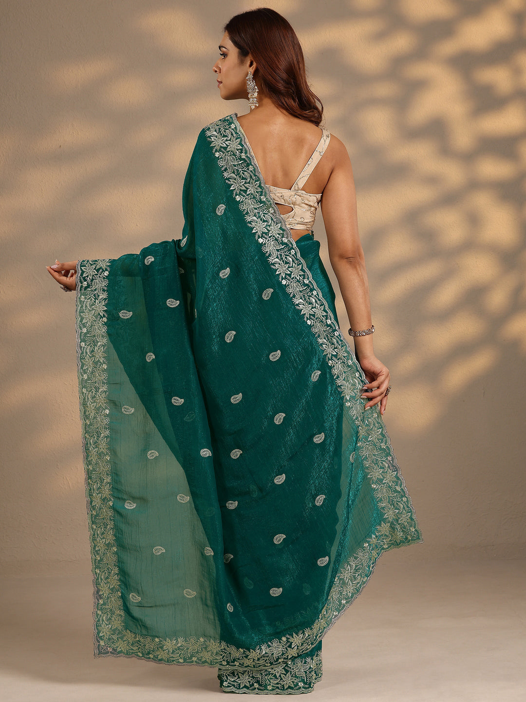  Green Paisley Embroidered Silk Blend Saree With Unstitched Blouse Piece 