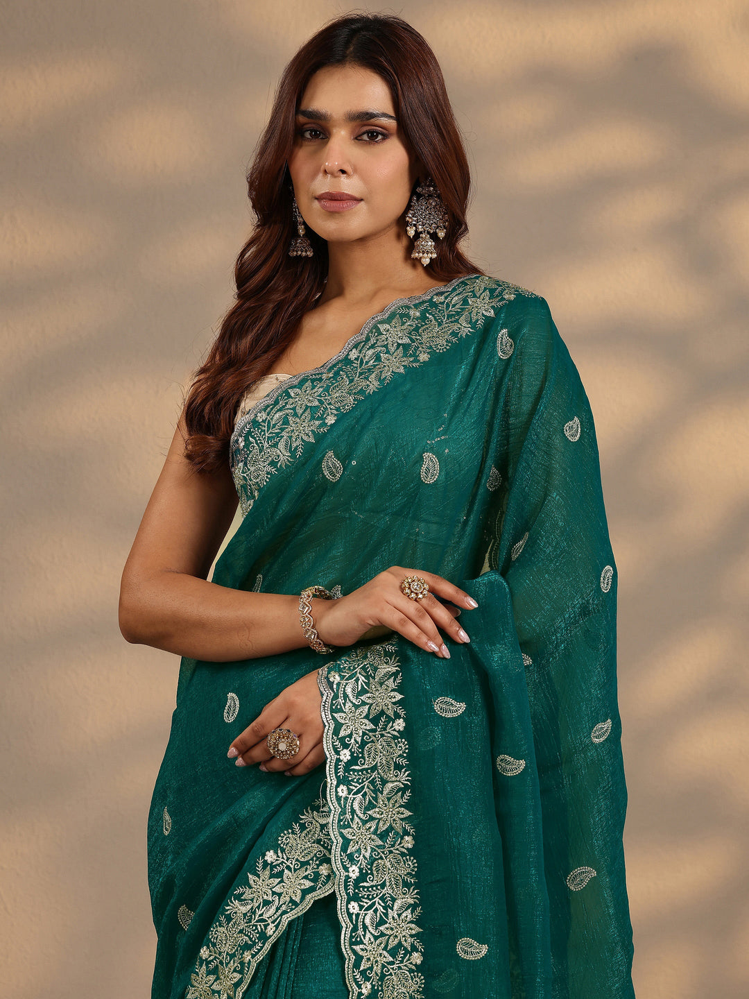  Green Paisley Embroidered Silk Blend Saree With Unstitched Blouse Piece 