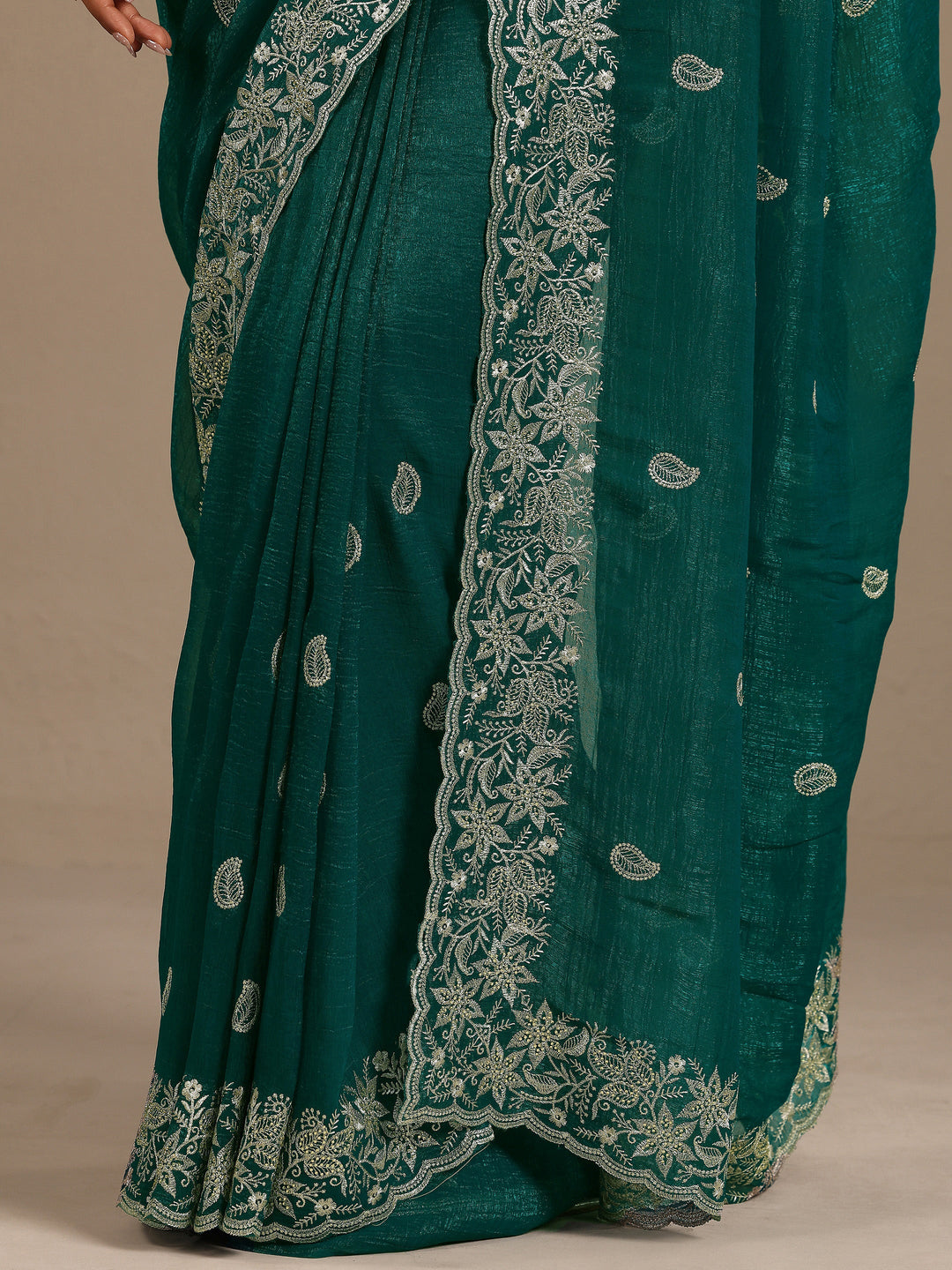  Green Paisley Embroidered Silk Blend Saree With Unstitched Blouse Piece 