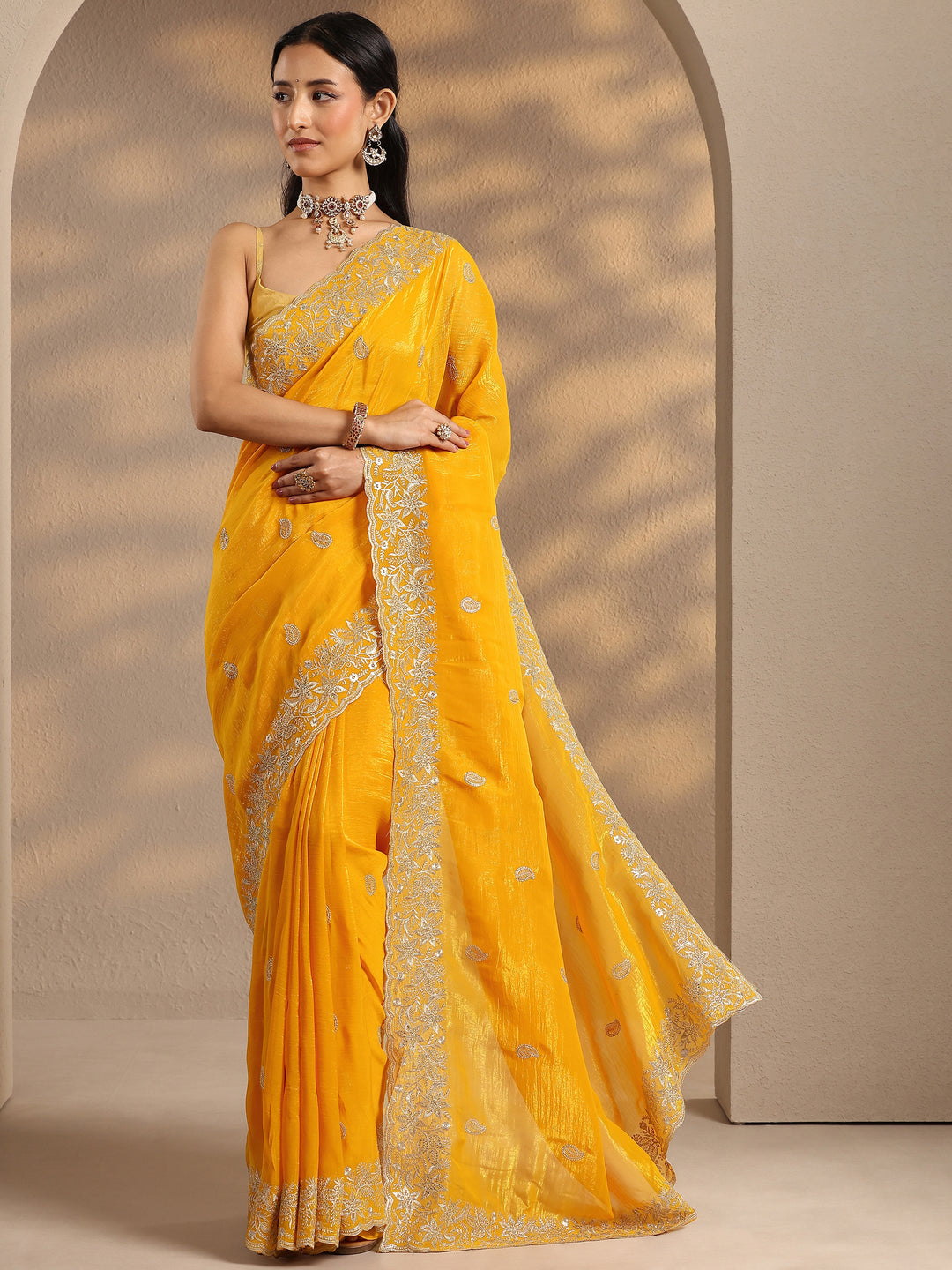  Yellow Paisley Embroidered Silk Blend Saree With Unstitched Blouse Piece 
