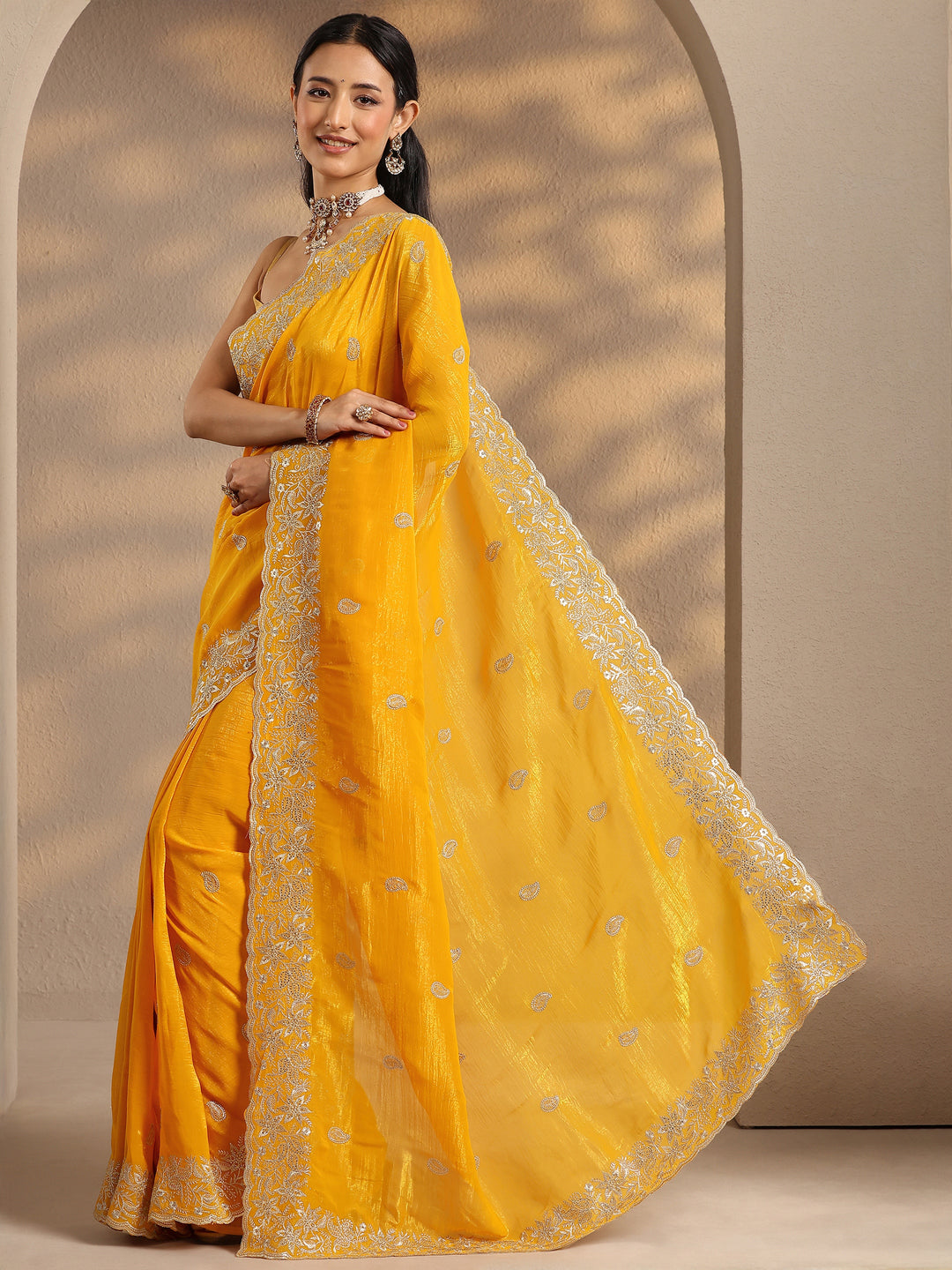  Yellow Paisley Embroidered Silk Blend Saree With Unstitched Blouse Piece 
