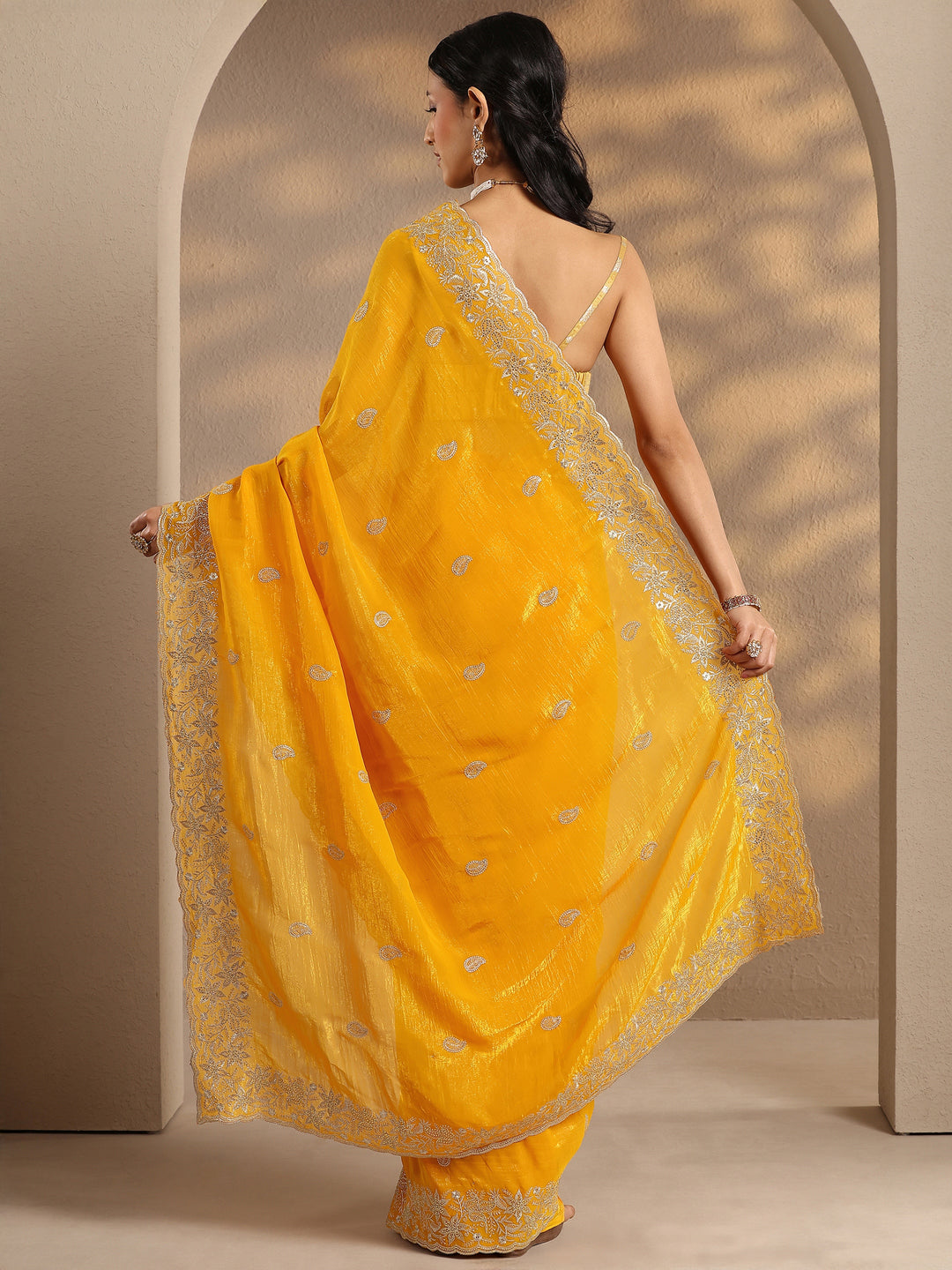  Yellow Paisley Embroidered Silk Blend Saree With Unstitched Blouse Piece 