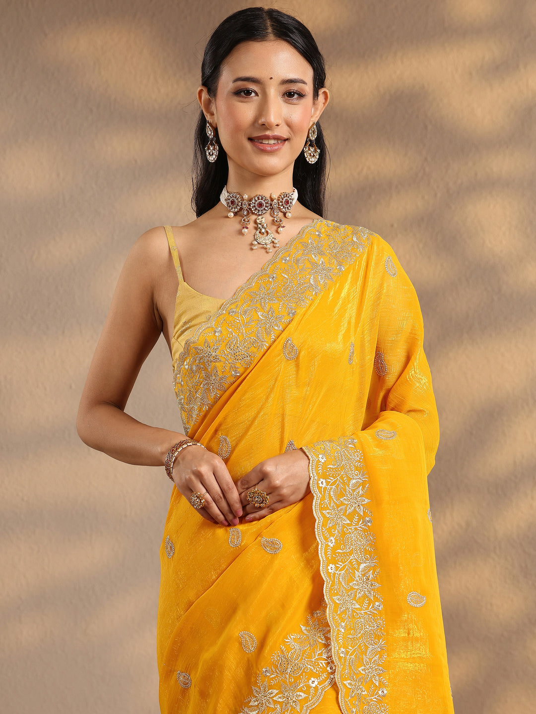  Yellow Paisley Embroidered Silk Blend Saree With Unstitched Blouse Piece 