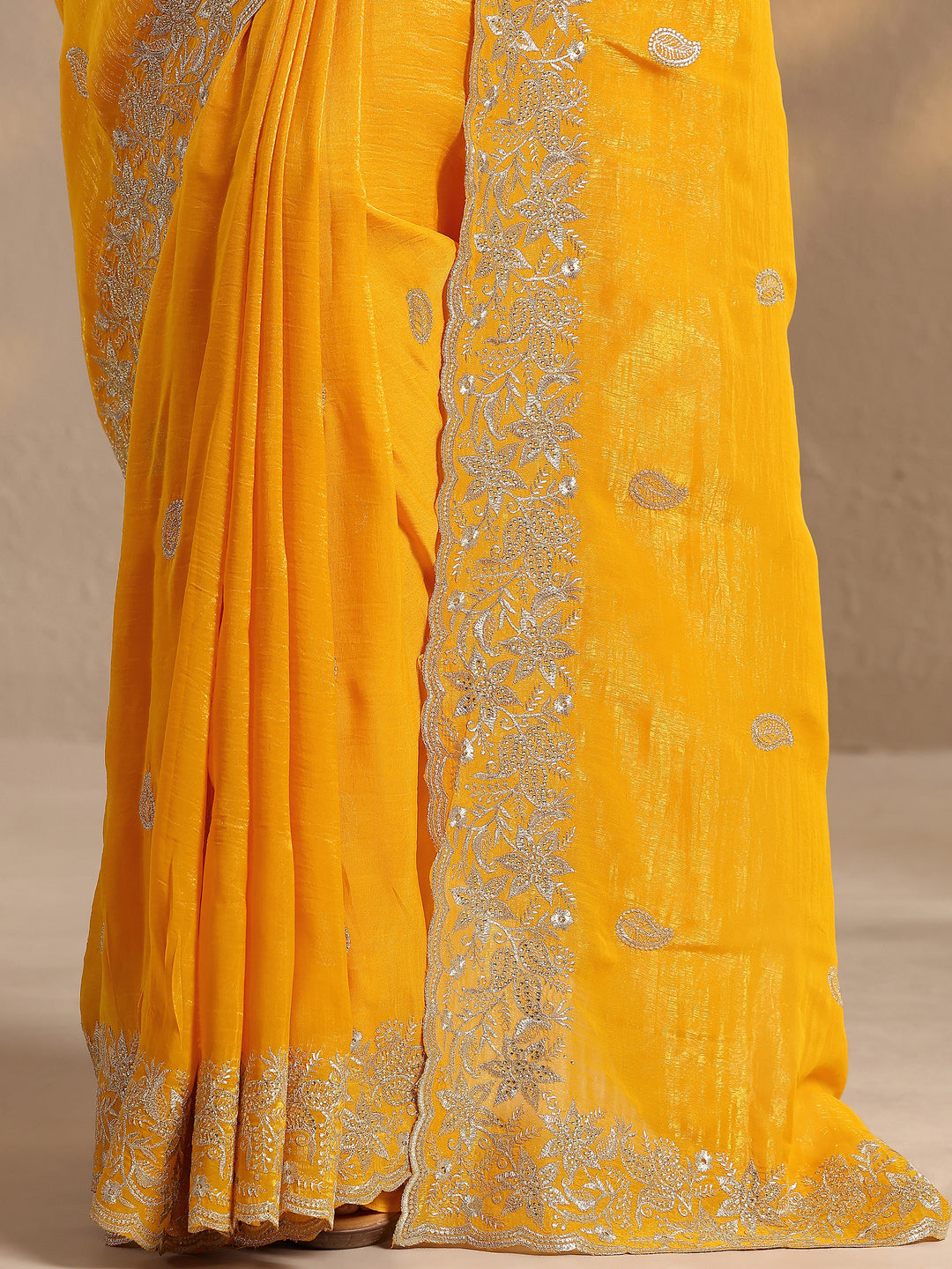  Yellow Paisley Embroidered Silk Blend Saree With Unstitched Blouse Piece 