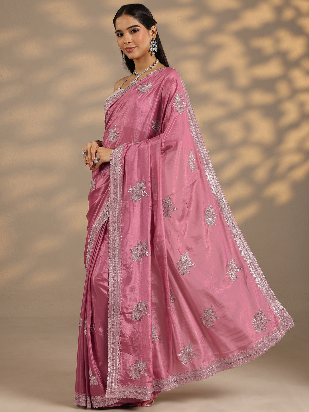  Peach Embellished Silk Blend Saree With Unstitched Blouse Piece 