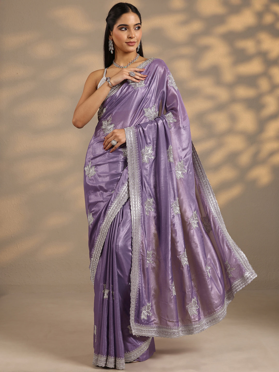  Lavender Embellished Silk Blend Saree With Unstitched Blouse Piece 