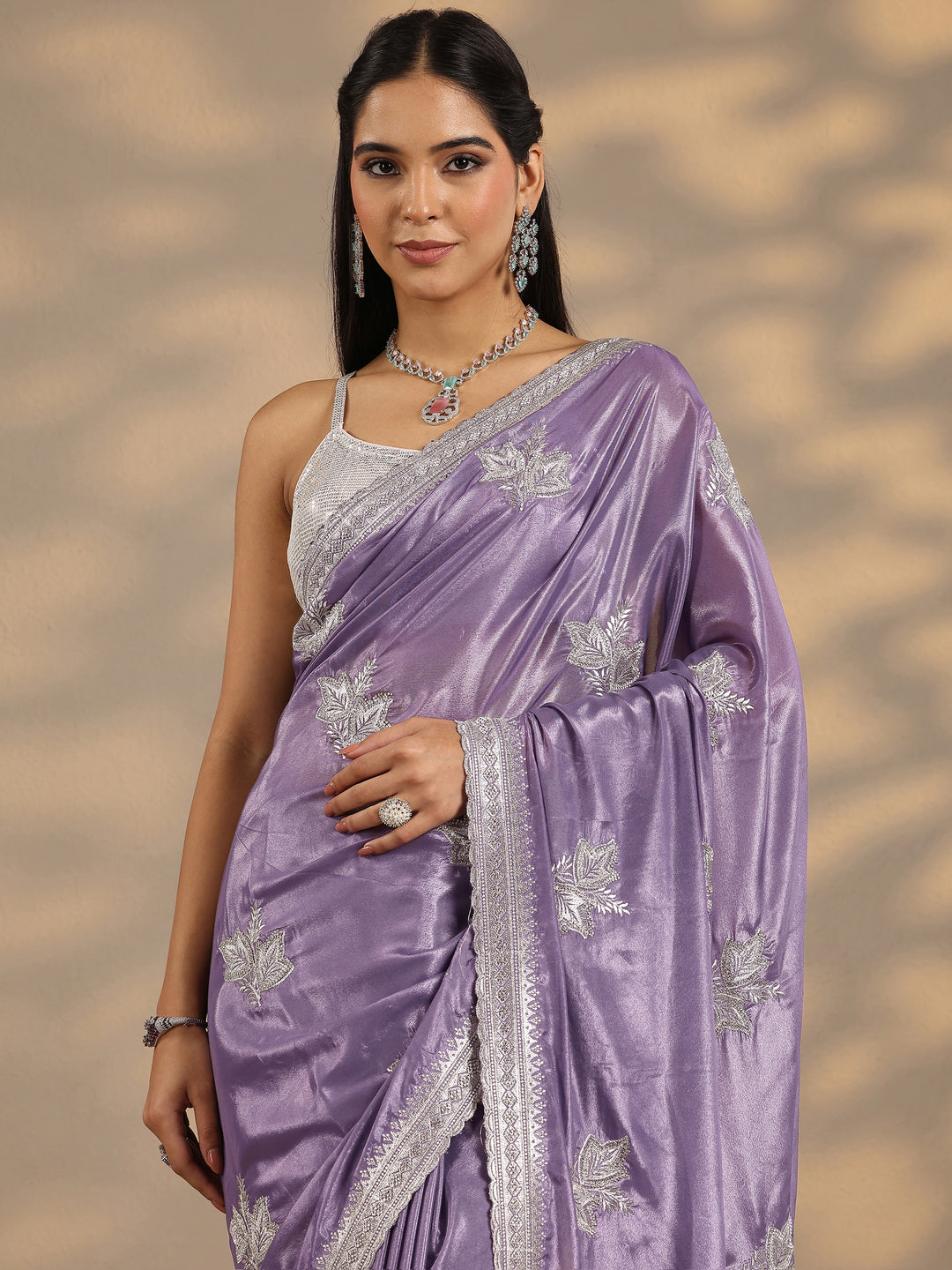  Lavender Embellished Silk Blend Saree With Unstitched Blouse Piece 